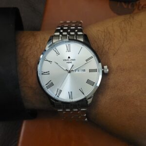 Men's Customized Bold Signature – White Dial, Steel Strap, Day-Date